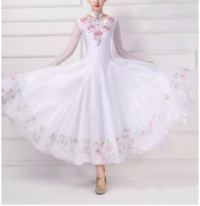 Customized size white with pink embroidered flowers competition ballroom dance dresses for girls kids waltz tango smoowh dance long swing skirts